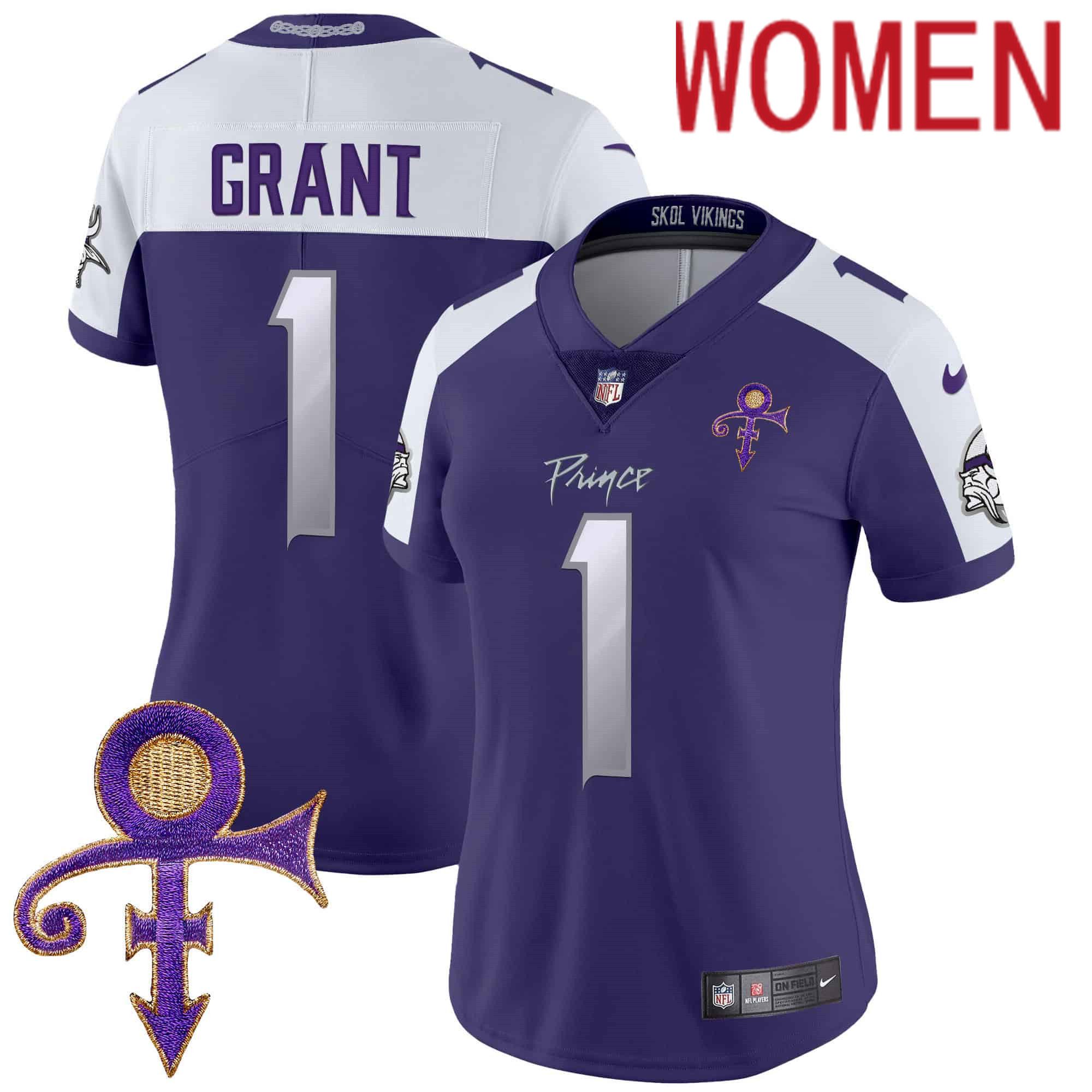 Women Minnesota Vikings 1 Grant Purple 2024 Nike Prince Vapor Limited NFL Jersey